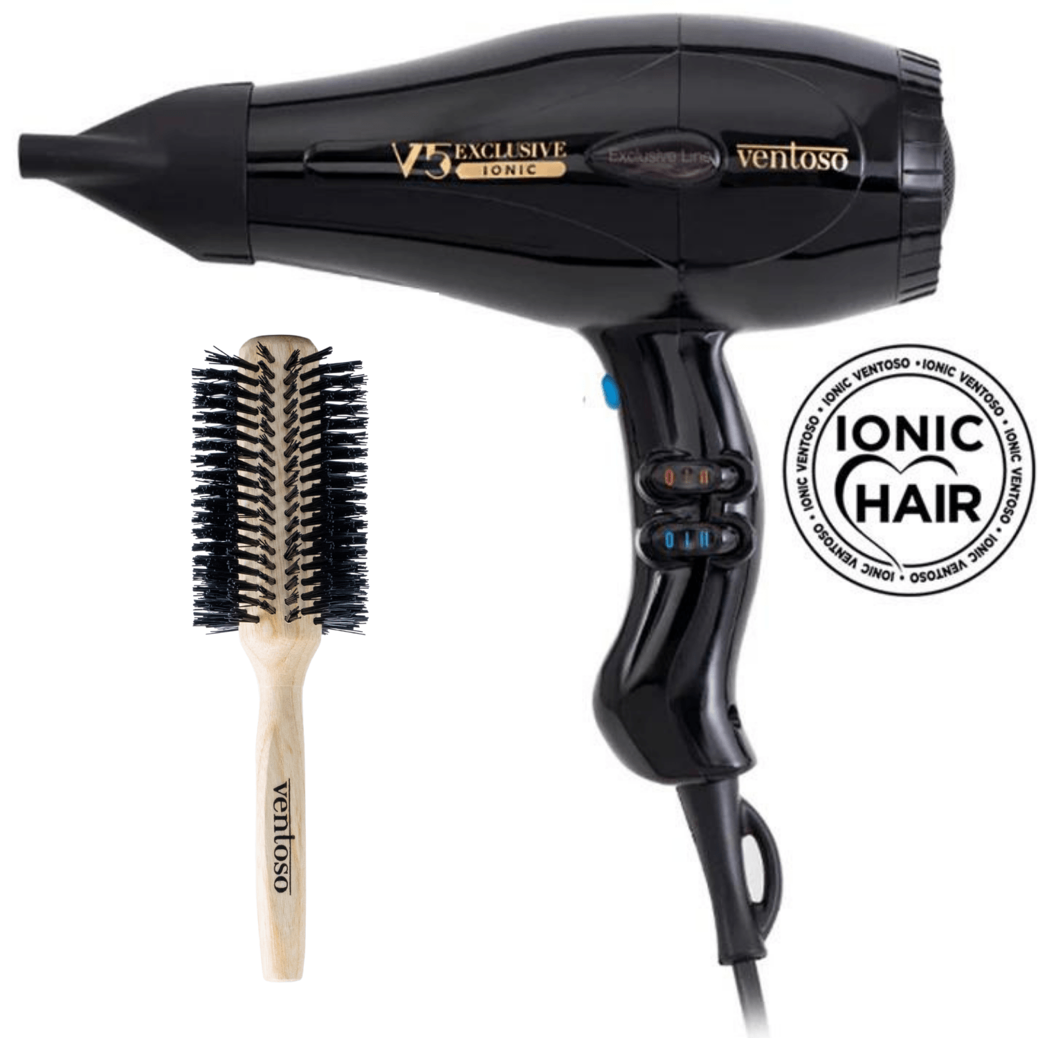 Ventoso V5 Exclusive İyonik Profesyonel Fön Makinesi Nero + Ventoso Brush Natura No:6 Ahşap Fön Fırçası - Ventoso