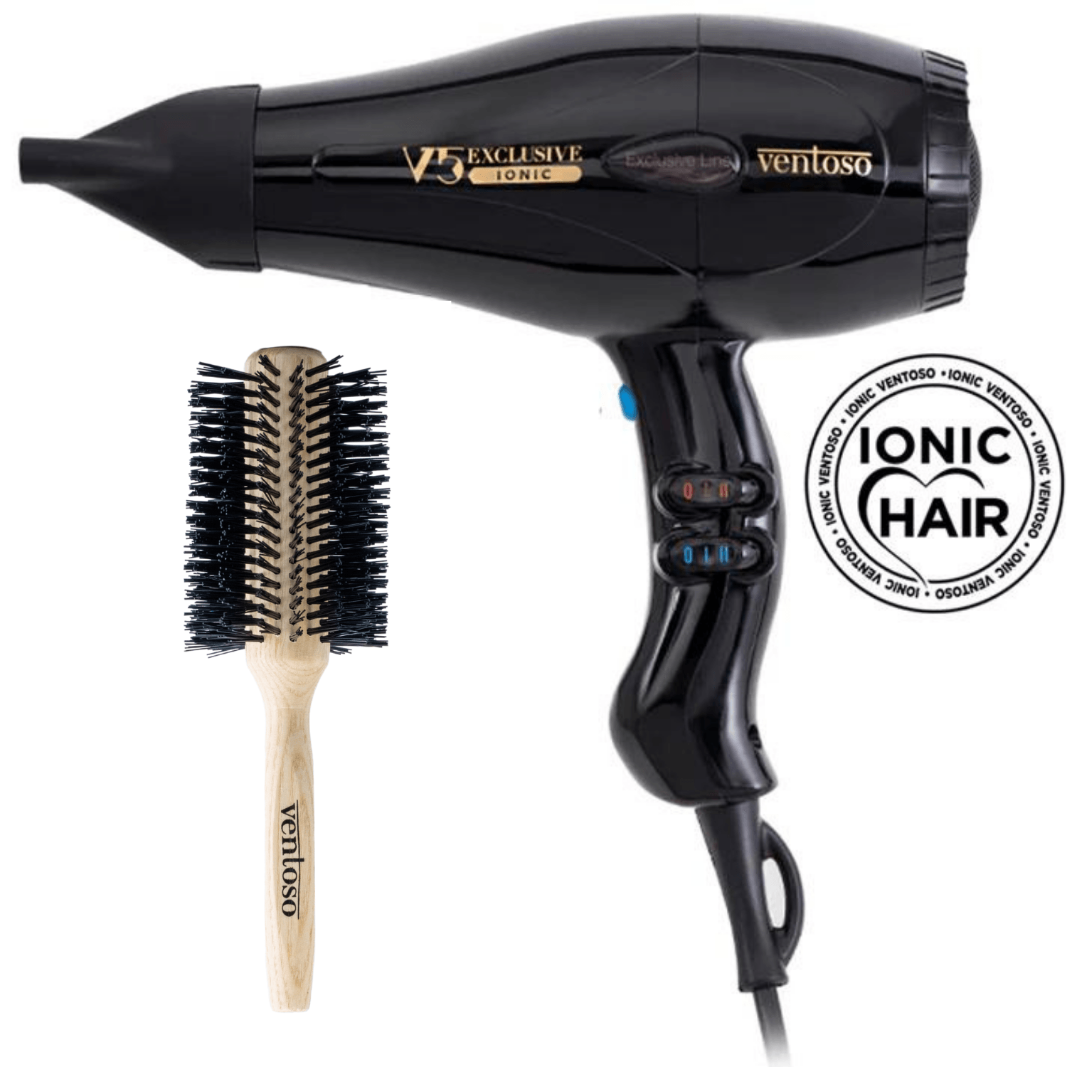 Ventoso V5 Exclusive İyonik Profesyonel Fön Makinesi Nero + Ventoso Brush Natura No:7 Ahşap Fön Fırçası - Ventoso