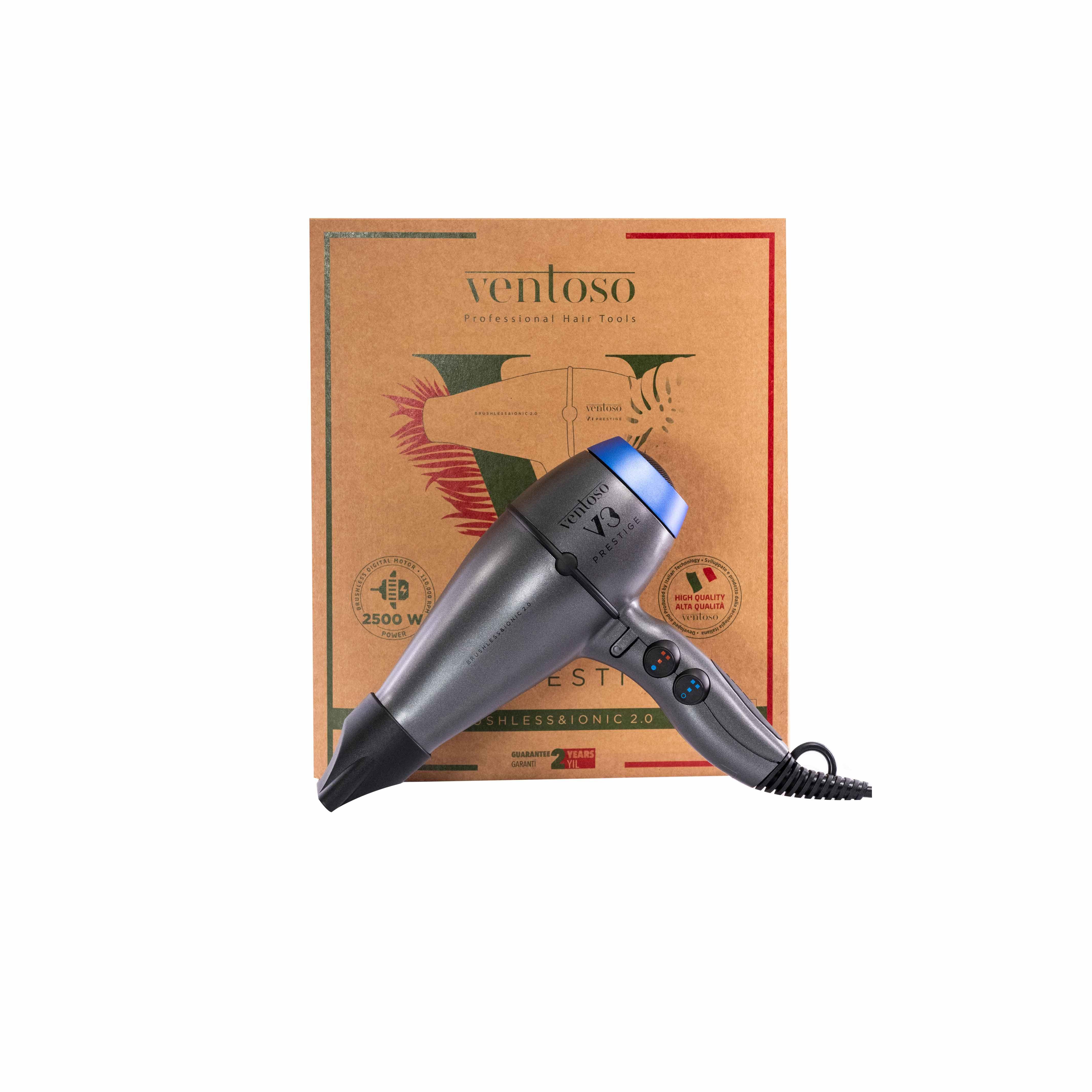 Ventoso V3 Prestige Brushless & Ionic 2.0 2500 W Profesyonel Fön Makinesi Altaic Blue kutusu