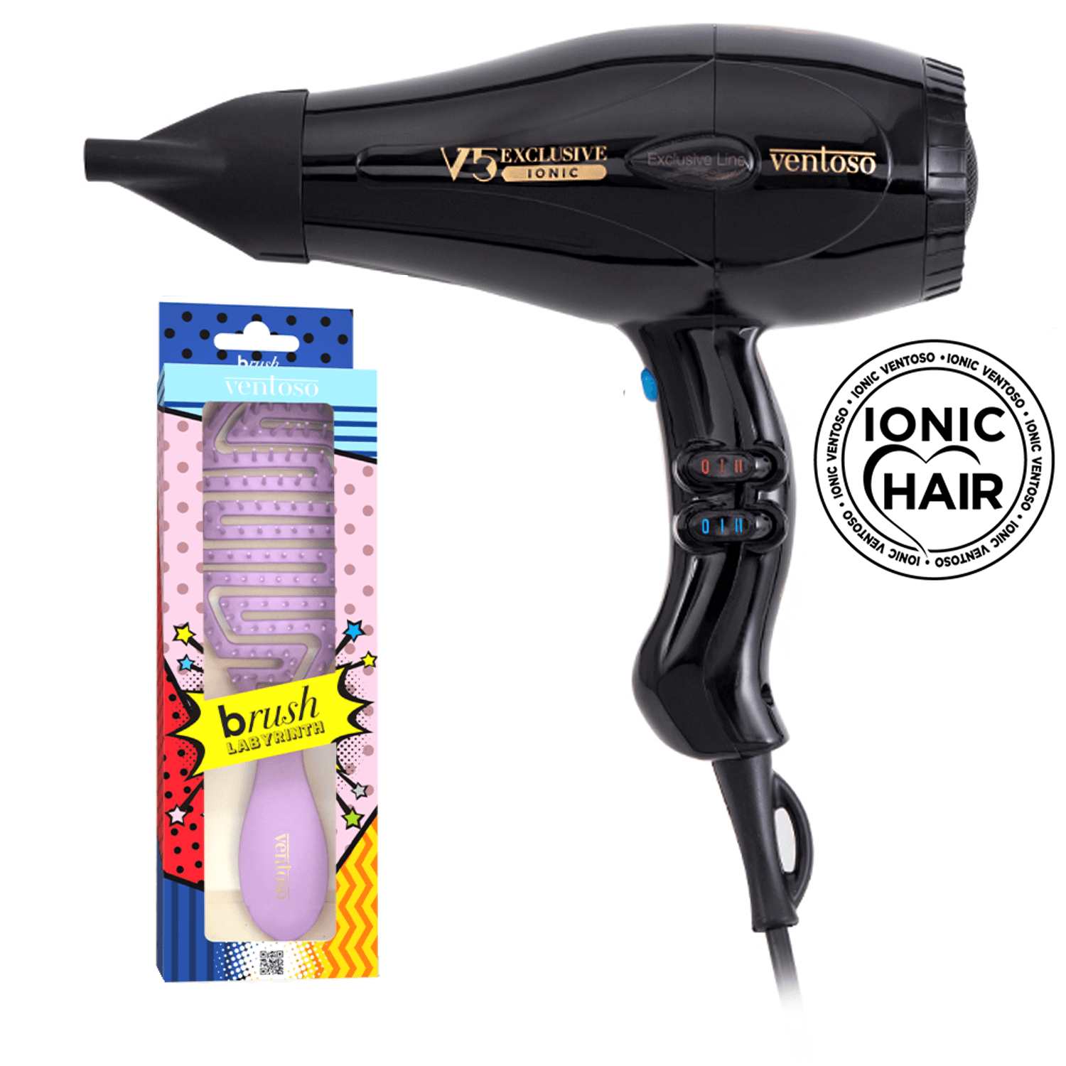 Ventoso V5 Exclusive İyonik Profesyonel Fön Makinesi Nero + Ventoso Labirent Tarak Lila - Ventoso