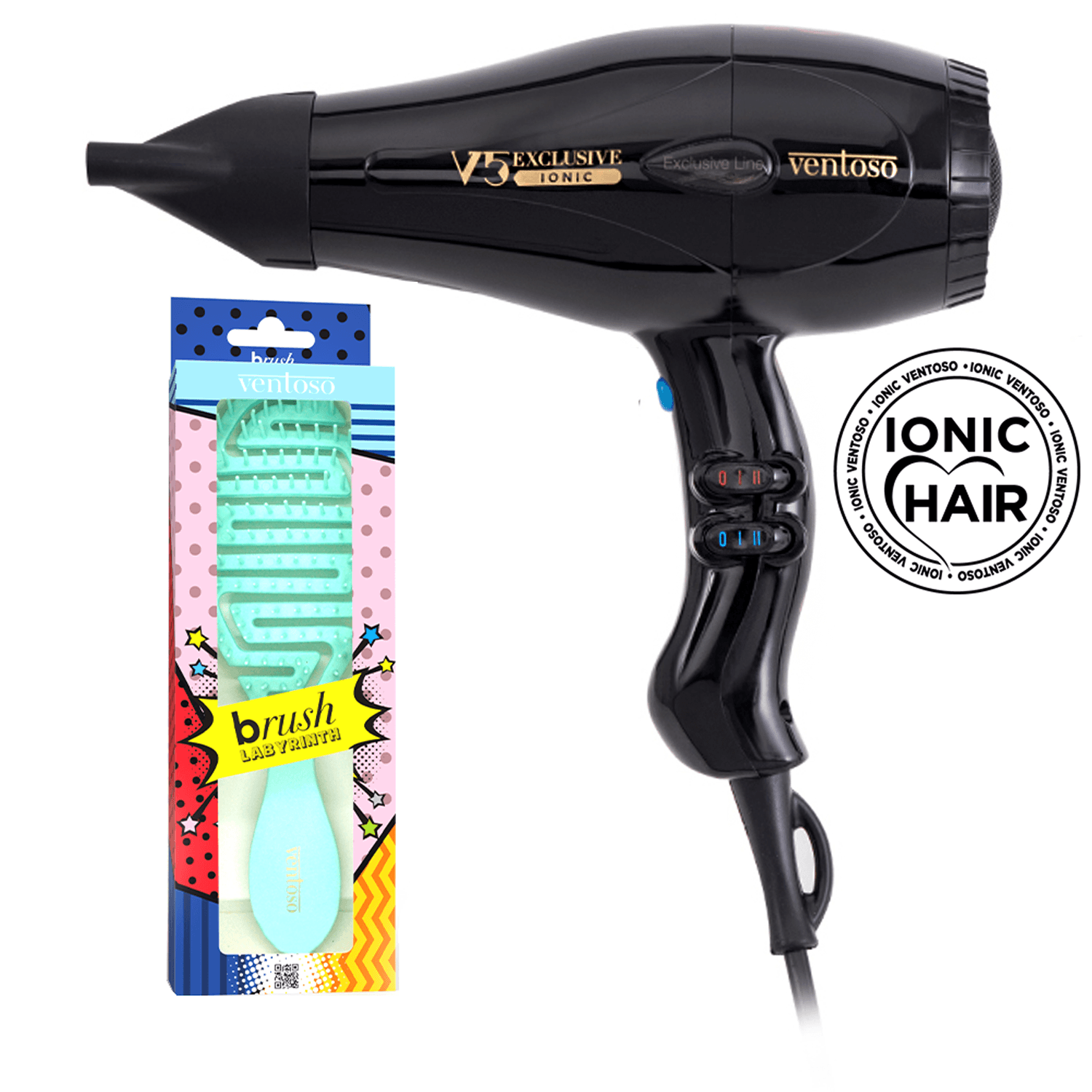 Ventoso V5 Exclusive İyonik Profesyonel Fön Makinesi Nero + Ventoso Labirent Tarak Su Yeşili - Ventoso